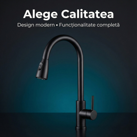 Set Baterie Chiuveta Bucatarie TrioStore® Din Alama Cu Dus Extractabil Monocomanda Si Pipa Pivotanta 360°, Doua Moduri De Curgere, Montaj Pe Chiuveta + Burete Vileda Glitzi Pentru Curatare Eficienta, Negru [5]
