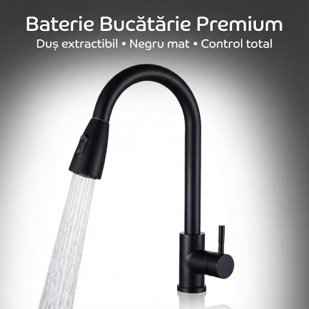 Set Baterie Chiuveta Bucatarie TrioStore® Din Alama Cu Dus Extractabil Monocomanda Si Pipa Pivotanta 360°, Doua Moduri De Curgere, Montaj Pe Chiuveta + Burete Vileda Glitzi Pentru Curatare Eficienta, Negru [12]