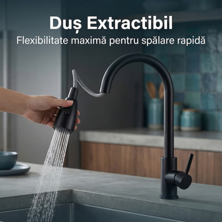 Set Baterie Chiuveta Bucatarie TrioStore® Din Alama Cu Dus Extractabil Monocomanda Si Pipa Pivotanta 360°, Doua Moduri De Curgere, Montaj Pe Chiuveta + Burete Vileda Glitzi Pentru Curatare Eficienta, Negru [6]