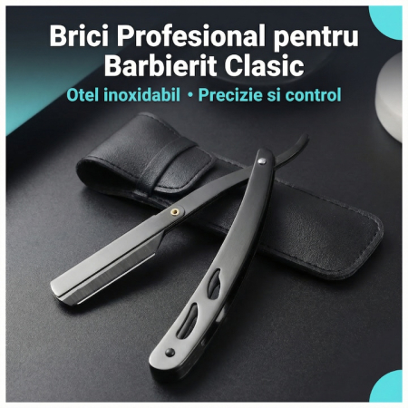 Set Brici Profesional Super Trends® Din Otel Inoxidabil Cu 10 Lame De Ras Si Husa Din Piele, Brici Clasic Pentru Barbierit, Brici Cu Lama InterSchimbabila Pentru Contur Barba, Set Brici Barbierit Portabil, Ideal Pentru Calatorii Si Salon, Culoare Negru [7]