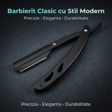 Set Brici Profesional Super Trends® Din Otel Inoxidabil Cu 10 Lame De Ras Si Husa Din Piele, Brici Clasic Pentru Barbierit, Brici Cu Lama InterSchimbabila Pentru Contur Barba, Set Brici Barbierit Portabil, Ideal Pentru Calatorii Si Salon, Culoare Negru [2]