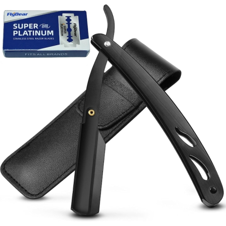 Ingrijire Personala - Set Brici Profesional Super Trends® Din Otel Inoxidabil Cu 10 Lame De Ras Si Husa Din Piele, Brici Clasic Pentru Barbierit, Brici Cu Lama InterSchimbabila Pentru Contur Barba, Set Brici Barbierit Portabil, Ideal Pentru Calatorii Si Salon, Culoare Negru