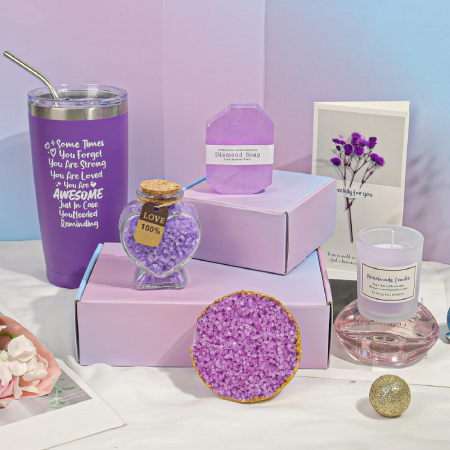 Set Cadou SPA Pentru Femei SUPER TRENDS®, 6 Piese, Cutie cadou, Cana Termos Din Inox, Lumanare Parfumata, Sare de Baie, Sapun, Bila Efervescenta Baie, Felicitare, Mov [6]
