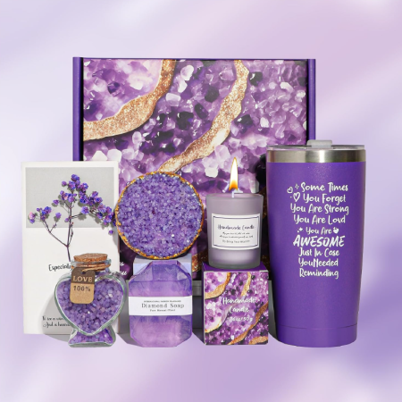 Produse - Set Cadou SPA Pentru Femei SUPER TRENDS®, 6 Piese, Cutie cadou, Cana Termos Din Inox, Lumanare Parfumata, Sare de Baie, Sapun, Bila Efervescenta Baie, Felicitare, Mov