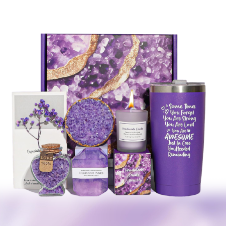 Set Cadou SPA Pentru Femei SUPER TRENDS®, 6 Piese, Cutie cadou, Cana Termos Din Inox, Lumanare Parfumata, Sare de Baie, Sapun, Bila Efervescenta Baie, Felicitare, Mov [9]