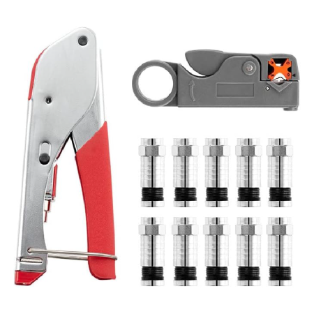Scule & Unelte Bricolaj - Set Cleste CATV Compresie si Stripper Dezizolat Cablu si 20 mufe F SUPER TRENDS®, pentru uz industrial (compatibil RG59, RG6)