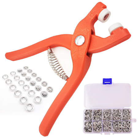 Scule & Unelte Bricolaj - Set Cleste si 100 Bucati Capse Metalice 9.5 mm Premium SUPER TRENDS®, Pentru Cusut, Portocaliu, Capse Argintii