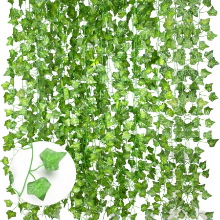 Casa & Gradina - Set de 12 Ghirlande Iedera Artificiala SUPER TRENDS®, Matase si Plastic, Decor Interior si Exterior, Lungime Fir 210 cm, Verde