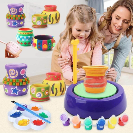 Set de Olarit si Pictat Pentru Copii SUPER TRENDS®, Roata de Olar cu Lut si Vopsele, Activitate Creativa pentru Copii +8 Ani, Mov, Verde [10]