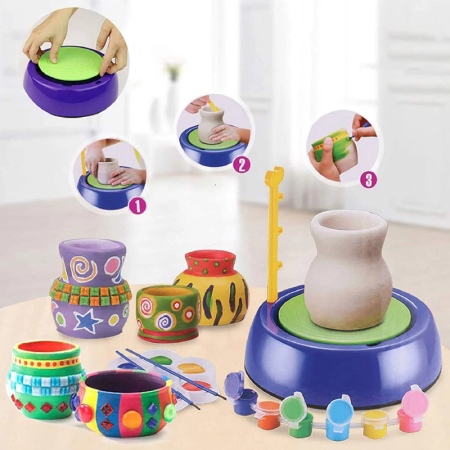 Set de Olarit si Pictat Pentru Copii SUPER TRENDS®, Roata de Olar cu Lut si Vopsele, Activitate Creativa pentru Copii +8 Ani, Mov, Verde [1]