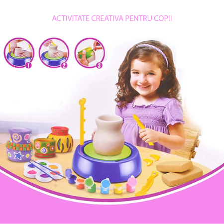 Set de Olarit si Pictat Pentru Copii SUPER TRENDS®, Roata de Olar cu Lut si Vopsele, Activitate Creativa pentru Copii +8 Ani, Mov, Verde [2]