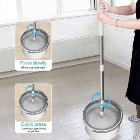 Set Mop Rotativ cu Doua Rezerve si Auto Spalare SUPER TRENDS®, Premium, Rotund, Compartimente Pentru Apa Curata si Murdara, Robinet de Scurgere a Apei si Consum Redus, Culoare Bej [9]