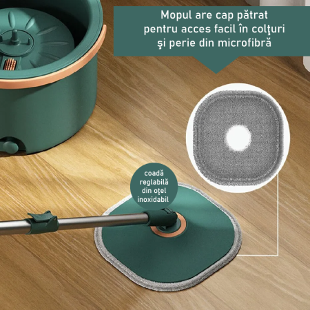 Set Mop Rotativ cu Galeata SUPER TRENDS® cu Separare a Apei Murdare, Verde [3]