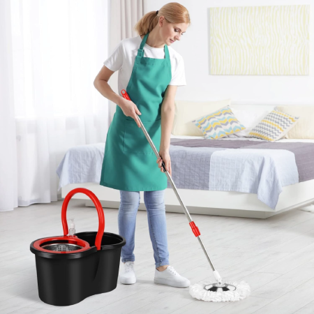 Set Mop Rotativ si Galeata cu Sistem de Stoarcere SUPER TRENDS®, Sistem de Curatare cu Galeata Rotativa 360°, Pentru Curatarea Pardoselilor , Maner Reglabil din Otel Inoxidabil de 155 cm, 8 L, Rosu, N [6]