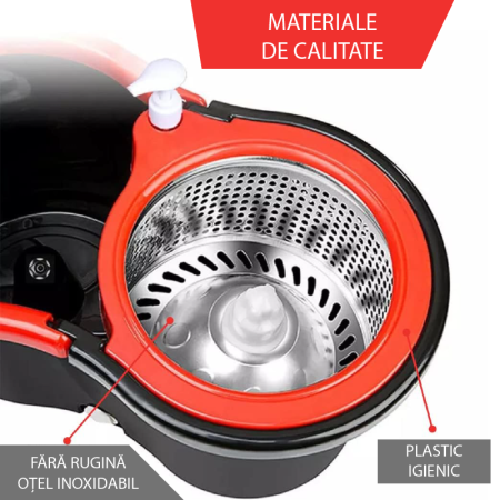 Set Mop Rotativ si Galeata cu Sistem de Stoarcere SUPER TRENDS®, Sistem de Curatare cu Galeata Rotativa 360°, Pentru Curatarea Pardoselilor , Maner Reglabil din Otel Inoxidabil de 155 cm, 8 L, Rosu, N [8]