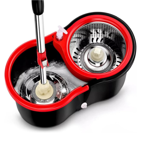 Casa & Gradina - Set Mop Rotativ si Galeata cu Sistem de Stoarcere SUPER TRENDS®, Sistem de Curatare cu Galeata Rotativa 360°, Pentru Curatarea Pardoselilor , Maner Reglabil din Otel Inoxidabil de 155 cm, 8 L, Rosu, N