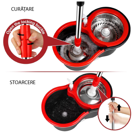 Set Mop Rotativ si Galeata cu Sistem de Stoarcere SUPER TRENDS®, Sistem de Curatare cu Galeata Rotativa 360°, Pentru Curatarea Pardoselilor , Maner Reglabil din Otel Inoxidabil de 155 cm, 8 L, Rosu, N [7]