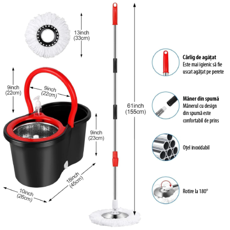 Set Mop Rotativ si Galeata cu Sistem de Stoarcere SUPER TRENDS®, Sistem de Curatare cu Galeata Rotativa 360°, Pentru Curatarea Pardoselilor , Maner Reglabil din Otel Inoxidabil de 155 cm, 8 L, Rosu, N [2]