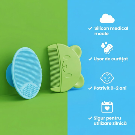Set Perie De Baie Si Pieptan Bebelusi SUPER TRENDS® Din Silicon Moale, Perie Si Pieptan Bebe Cu Maner Ergonomic, Perie Si Piapten Bebelusi Pentru Indepartarea Crustelor De Lapte, Set Ingrijire Bebelusi Verde Albastru, Set Ingrijire Bebe Hipoalergenic [4]