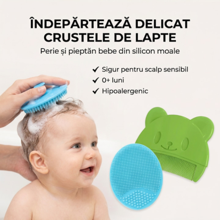 Set Perie De Baie Si Pieptan Bebelusi SUPER TRENDS® Din Silicon Moale, Perie Si Pieptan Bebe Cu Maner Ergonomic, Perie Si Piapten Bebelusi Pentru Indepartarea Crustelor De Lapte, Set Ingrijire Bebelusi Verde Albastru, Set Ingrijire Bebe Hipoalergenic [7]