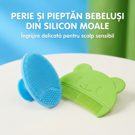 Set Perie De Baie Si Pieptan Bebelusi SUPER TRENDS® Din Silicon Moale, Perie Si Pieptan Bebe Cu Maner Ergonomic, Perie Si Piapten Bebelusi Pentru Indepartarea Crustelor De Lapte, Set Ingrijire Bebelusi Verde Albastru, Set Ingrijire Bebe Hipoalergenic [11]