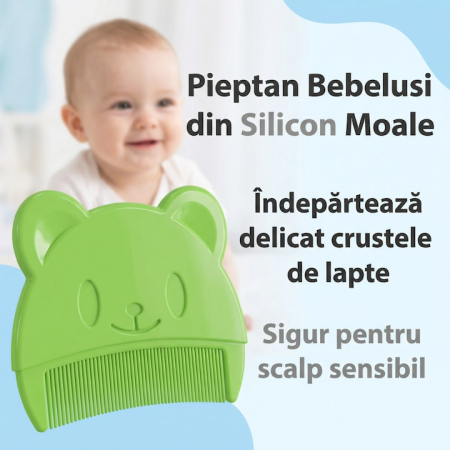 Set Perie De Baie Si Pieptan Bebelusi Super Trends® Din Silicon Moale, Perie Si Pieptan Bebe Pentru Indepartarea Crustelor De Lapte, Perie Si Piapten Bebelusi Cu Maner Ergonomic Antialunecare, Set Ingrijire Bebelusi Verde, Set Ingrijire Bebe Hipoalergenic [8]
