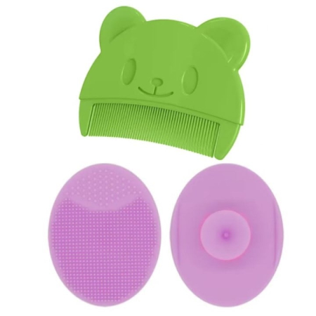 Articole Copii - Set Perie De Baie Si Pieptan Bebelusi Super Trends® Din Silicon Moale, Perie Si Pieptan Bebe Pentru Indepartarea Crustelor De Lapte, Perie Si Piapten Bebelusi Cu Maner Ergonomic Antialunecare, Set Ingrijire Bebelusi Verde Violet, Set Ingrijire Bebe