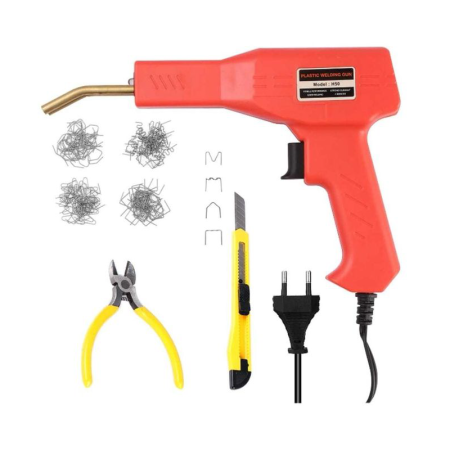 Electronice & Electrocasnice - Set Pistol si 200 Buc Capse Pentru Lipit Plastic SUPER TRENDS®, Reparare Crapaturi, cu Cleste si Cutter, 50W, Rosu