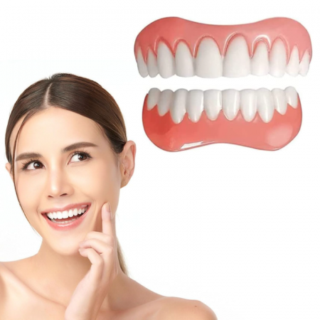 Set Proteze Dentare Premium SUPER TRENDS®, Contine Partea de Sus 1 Buc si Partea Jos 1 Buc, Fatete Dentare Cosmetice, Acopera Dintii Lipsa, Zambet Perfect, Silicon, Alb-Roz [1]