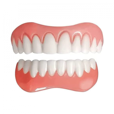 Produse - Set Proteze Dentare Premium SUPER TRENDS®, Contine Partea de Sus 1 Buc si Partea Jos 1 Buc, Fatete Dentare Cosmetice, Acopera Dintii Lipsa, Zambet Perfect, Silicon, Alb-Roz