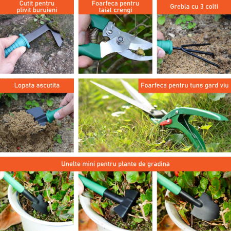Set Unelte de Gradinarit 10 piese SUPER TRENDS®, din Otel Inoxidabil, Trusa Portabila, Verde [8]