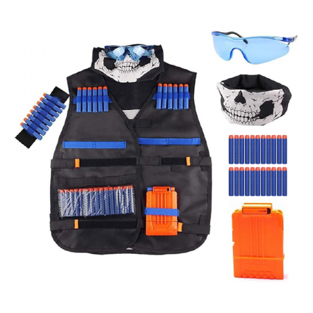 Articole Copii - Set Vesta Tactica Pentru Copii Premium SUPER TRENDS®, Compatibila cu Seria Nerf N-Strike Elite, 20 de Gloante Din Spuma, Ochelari, Clip de Reincarcare, Masca Tactica si Bratara, Poliamida-Nailon, Mult