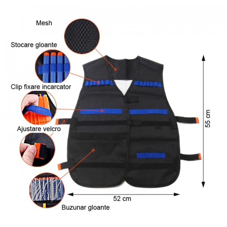 Set Vesta Tactica Pentru Copii Premium SUPER TRENDS®, Compatibila cu Seria Nerf N-Strike Elite, 20 de Gloante Din Spuma, Ochelari, Clip de Reincarcare, Masca Tactica si Bratara, Poliamida-Nailon, Mult [2]