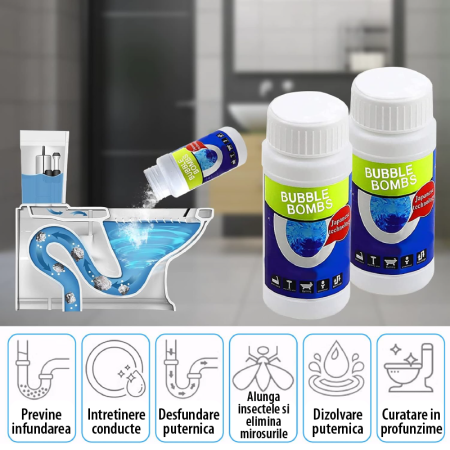 Solutie SUPER TRENDS® Pentru Desfundarea Tevilor Bubble Bombs Japan, 1 + 1 GRATIS 100g, Curatator Puternic Pentru Chiuveta si Canalizare, Granule Magice Efervescente Pentru Curatare Rapida [6]