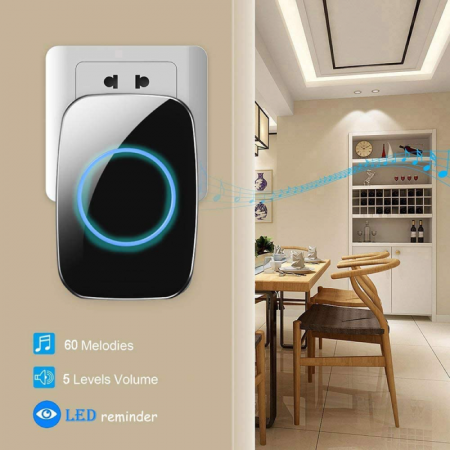 Sonerie Wireless Premium SUPER TRENDS®, Electrica, Rezistenta la Apa cu Transmitator IP44, 60 Tonuri si 5 Niveluri de Volum, Neagra [6]