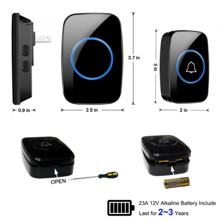 Sonerie Wireless Premium SUPER TRENDS®, Electrica, Rezistenta la Apa cu Transmitator IP44, 60 Tonuri si 5 Niveluri de Volum, Neagra [3]