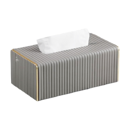 Casa & Gradina - Suport Cutie Servetele SUPER TRENDS®, din Piele Ecologica, Margini aurii, Pentru Living, Baie, Casa, Hotel, 25 x 14 x 10cm, Gri