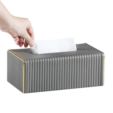 Suport Cutie Servetele SUPER TRENDS®, din Piele Ecologica, Margini aurii, Pentru Living, Baie, Casa, Hotel, 25 x 14 x 10cm, Gri [2]