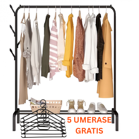 Casa & Gradina - Suport de Umerase Premium SUPER TRENDS®, Organizator Pentru Haine, de Sine Statator, din Metal, Negru, 150 x 110 x 40 cm + 5 UMERASE CADOU