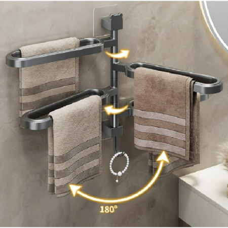 Suport Pentru Prosoape SUPER TRENDS®, cu 3 Brate Rotative, Montare Fara Gaurire, Gri Mat, 31x6 cm [5]