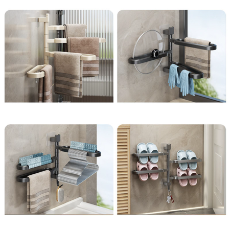 Suport Pentru Prosoape SUPER TRENDS®, cu 3 Brate Rotative, Montare Fara Gaurire, Gri Mat, 31x6 cm [7]