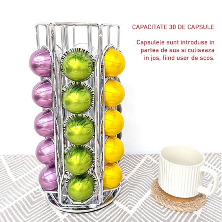Suport Rotativ Pentru Capsule de Cafea Tip Nespresso, SUPER TRENDS®, Rotativ 360°, Capacitate 30 de Capsule, Argintiu [4]