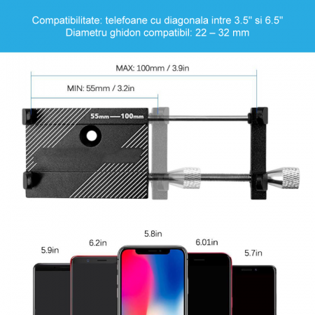 Suport Telefon Bicicleta Sau Motocicleta Premium SUPER TRENDS®, Reglabil, Prindere pe Ghidon, Compatibil cu Telefoane Care au Diagonala Ecranului de 3.5"–6.5", Reglaj pe Latime 55–100 mm, Aluminiu, Un [1]