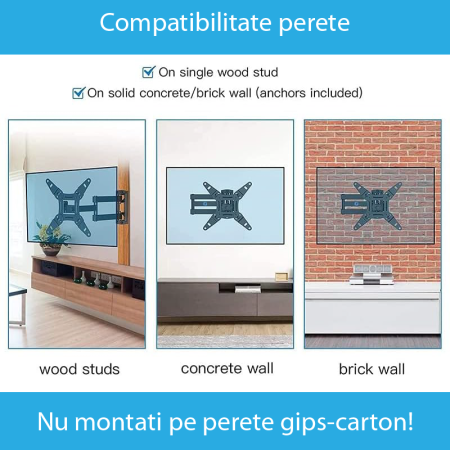 Suport TV de perete Full Motion SUPER TRENDS®, 14''-55'', Universal, Pivotant, Vesa 100x100, 200x100, 200x200, 300x200, 300x300, 400x200 si 400x400 mm, Max 30 kg, Negru [1]