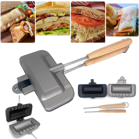 Tigaie Pentru Copt Sandwich 4 in 1 cu Doua Fete Premium SUPER TRENDS®, Pregatire Mic Dejun, Omleta, Hot Dog Toaster, Copt si Prajit, Antiaderenta, Pliabila, Aluminiu si Lemn [4]
