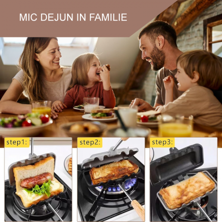 Tigaie Pentru Copt Sandwich 4 in 1 cu Doua Fete Premium SUPER TRENDS®, Pregatire Mic Dejun, Omleta, Hot Dog Toaster, Copt si Prajit, Antiaderenta, Pliabila, Aluminiu si Lemn [7]