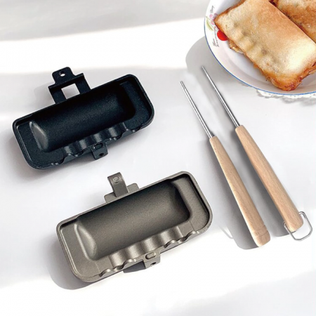 Tigaie Pentru Copt Sandwich 4 in 1 cu Doua Fete Premium SUPER TRENDS®, Pregatire Mic Dejun, Omleta, Hot Dog Toaster, Copt si Prajit, Antiaderenta, Pliabila, Aluminiu si Lemn [2]