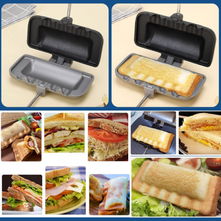 Tigaie Pentru Copt Sandwich 4 in 1 cu Doua Fete Premium SUPER TRENDS®, Pregatire Mic Dejun, Omleta, Hot Dog Toaster, Copt si Prajit, Antiaderenta, Pliabila, Aluminiu si Lemn [5]