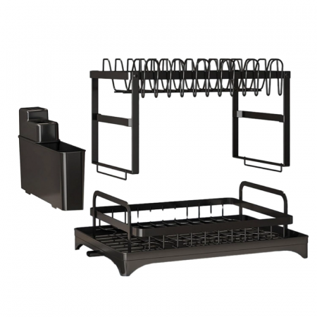 Uscator Pentru Vase cu 2 Nivele Premium SUPER TRENDS® Pentru Chiuveta, Cu Tavita de Scurgere, Suport Tacamuri si Suport Farfurii, Negru, 42 x 30 x 29 cm [4]