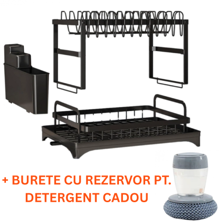 Casa & Gradina - Uscator Pentru Vase cu 2 Nivele Premium SUPER TRENDS® Pentru Chiuveta, Cu Tavita de Scurgere, Suport Tacamuri si Suport Farfurii, Negru, 42 x 30 x 29 cm